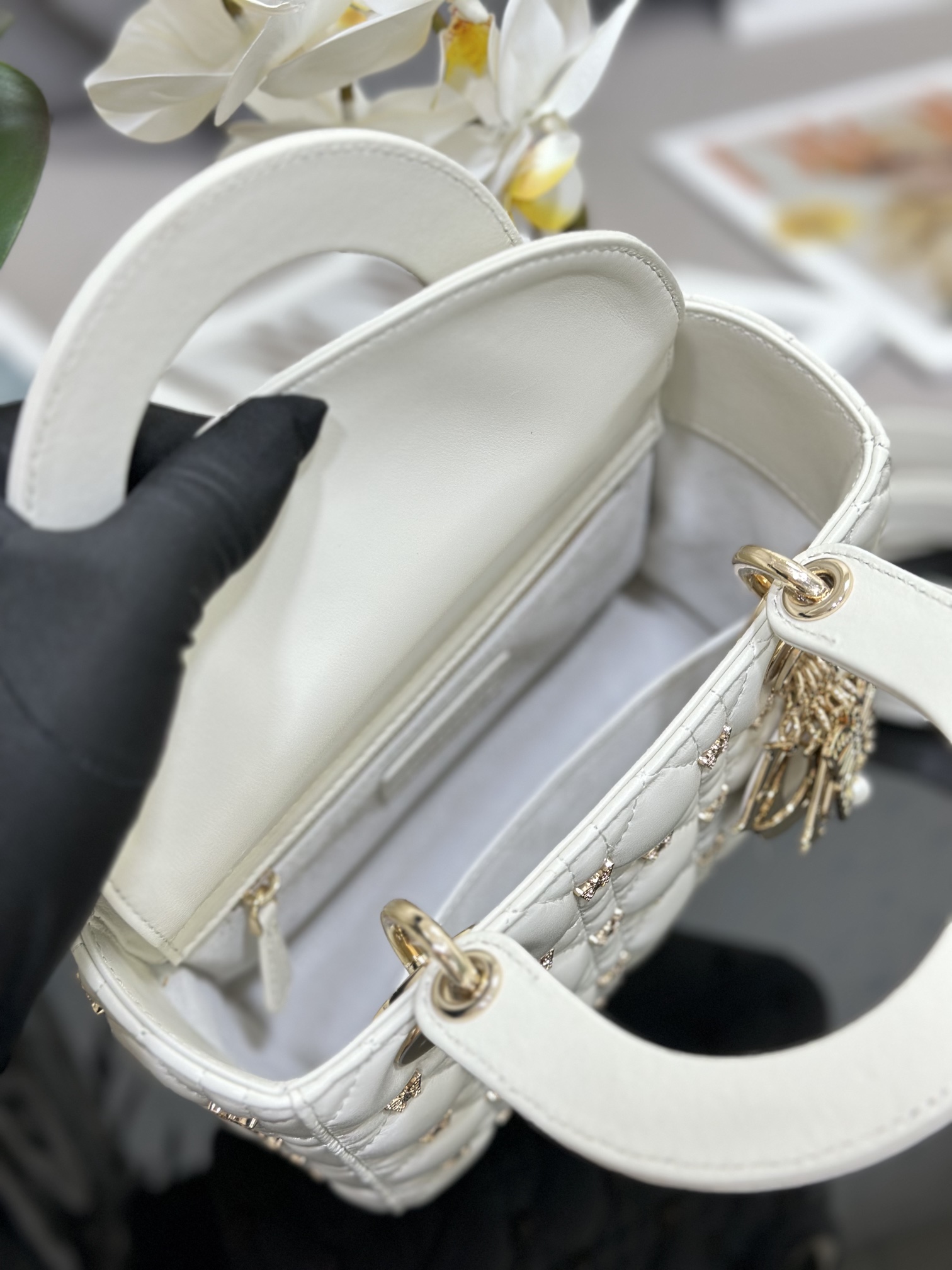 Small Lady Dior Bag White Lambskin with Butterfly Nail